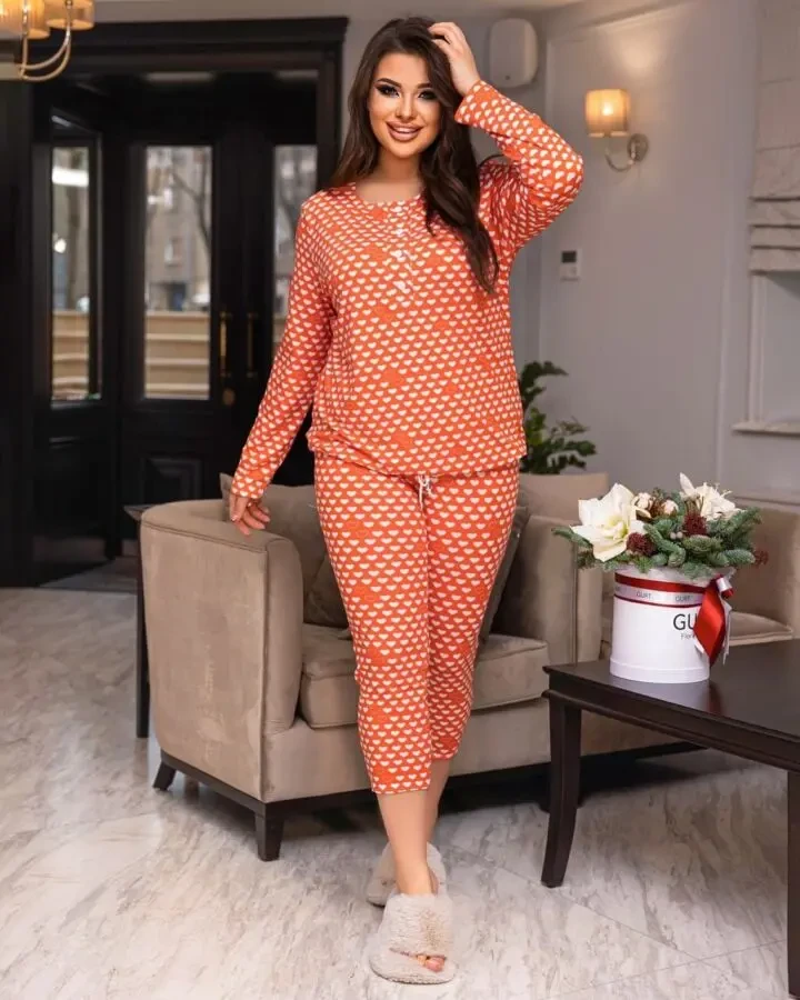 Жіноча піжама великих розмирів котон принт помаранчевий 2