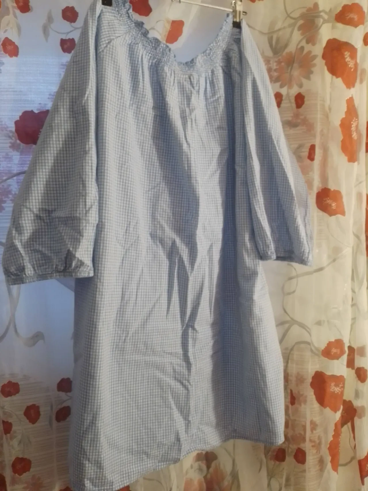 Блуза л 14 50 белая голубая шахматка принт, на резинке, ровная 3