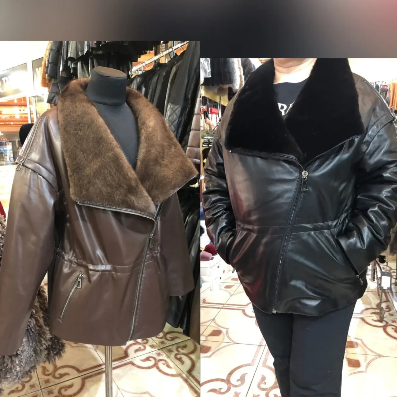 Куртка шкіряна утеплена подовжена,коричнева,шоколад,комір норка 2