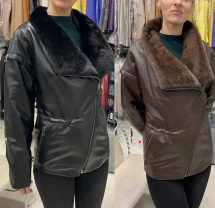 Куртка шкіряна утеплена подовжена,коричнева,шоколад,комір норка