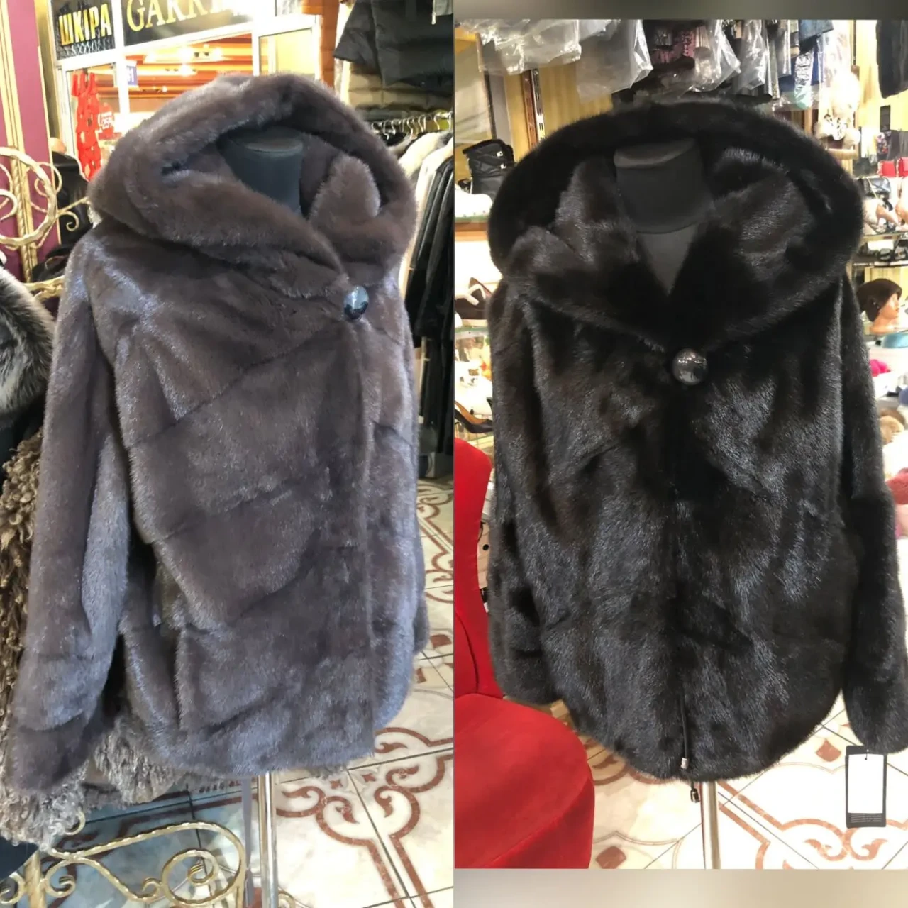 Норкова шуба з капюшоном,чорна,мокко паркетка