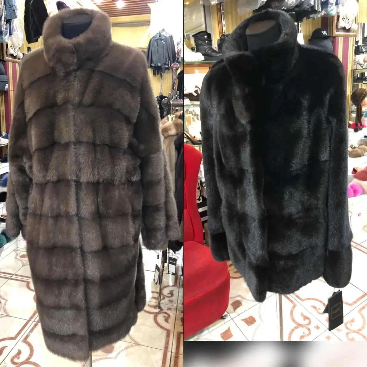 Норкові шуби довгі пастель та чорна,стійк