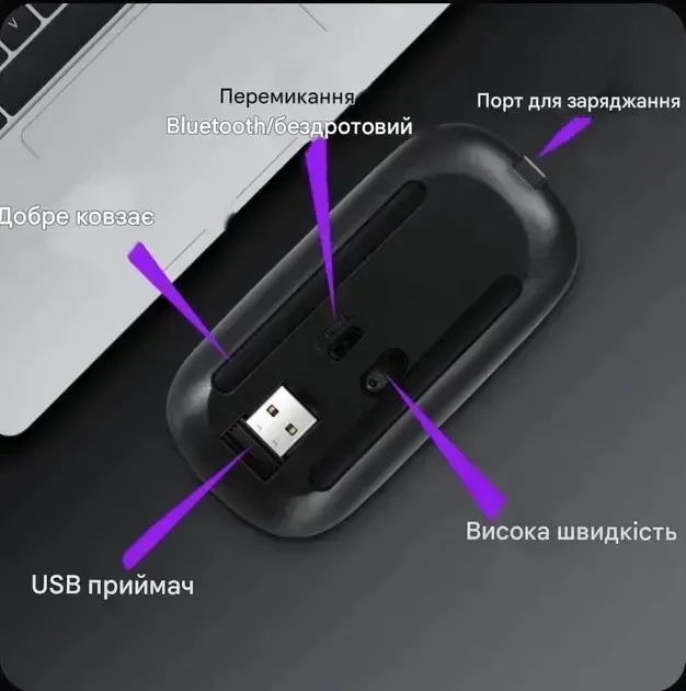 Мишка комп'ютерна бездротова, Bluetooth, USB, безшумна, акумуляторна. 6