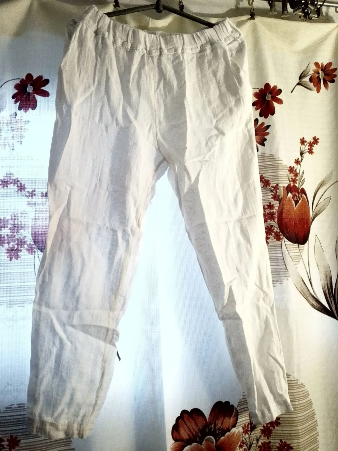 Штаны м 12 белые широкие летние, лен, хлопок, льняные, на резинке