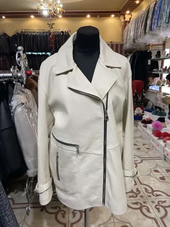 Куртка шкіряна джамбо,біла,подовжена 2