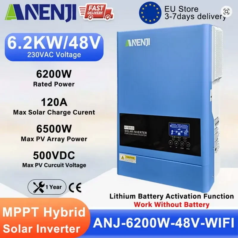 Гібридний сонячний інвертор ANENJI 6.2 kW 48V 230V MPPT 120A Grid