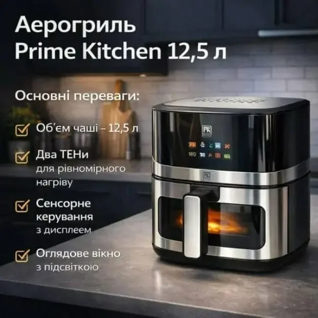 Аерогриль Prime Kitchen AF90122DTW, 12,5 л, 2 ТЕНи, сенсорне