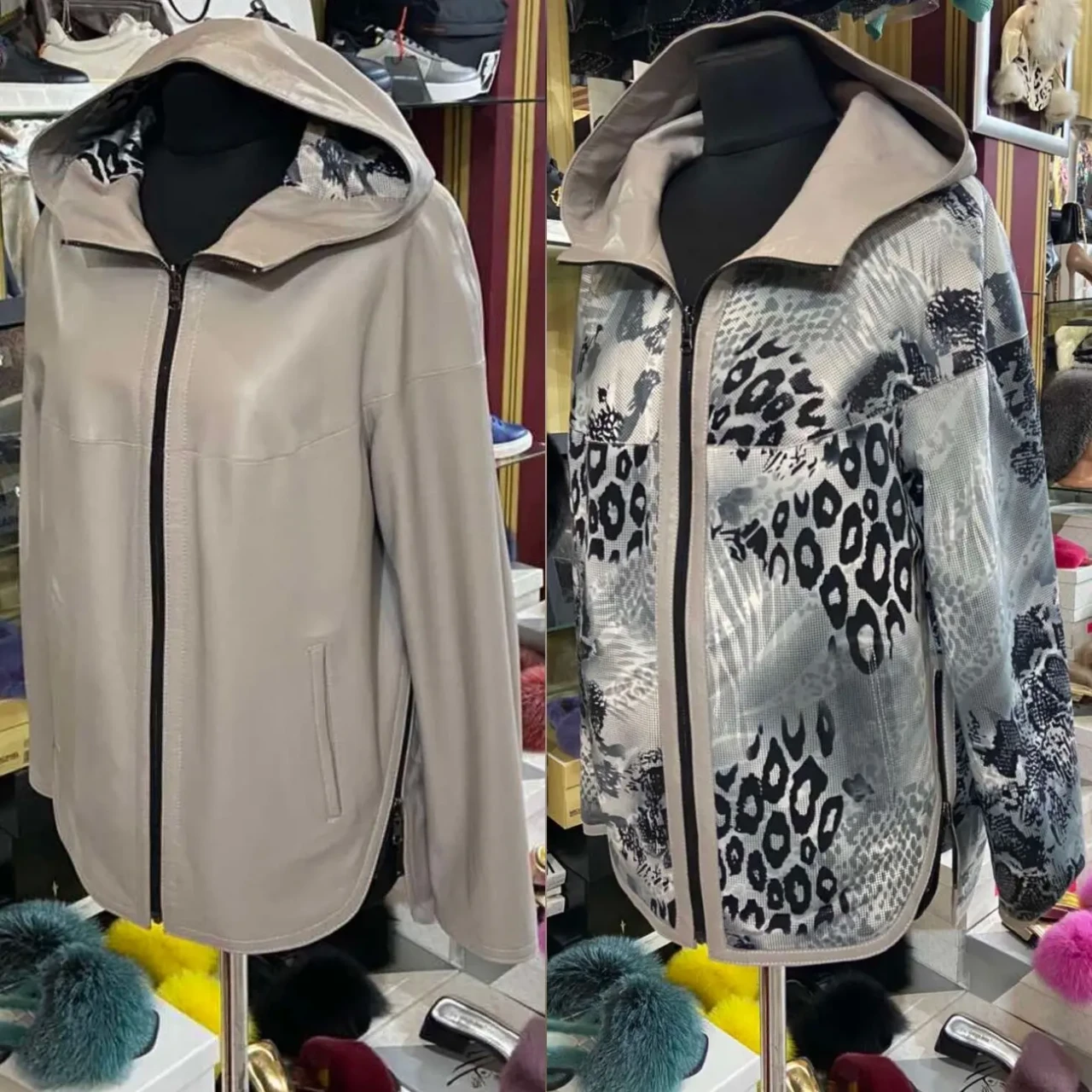 Шкіряна куртка бежева,з капюшоном