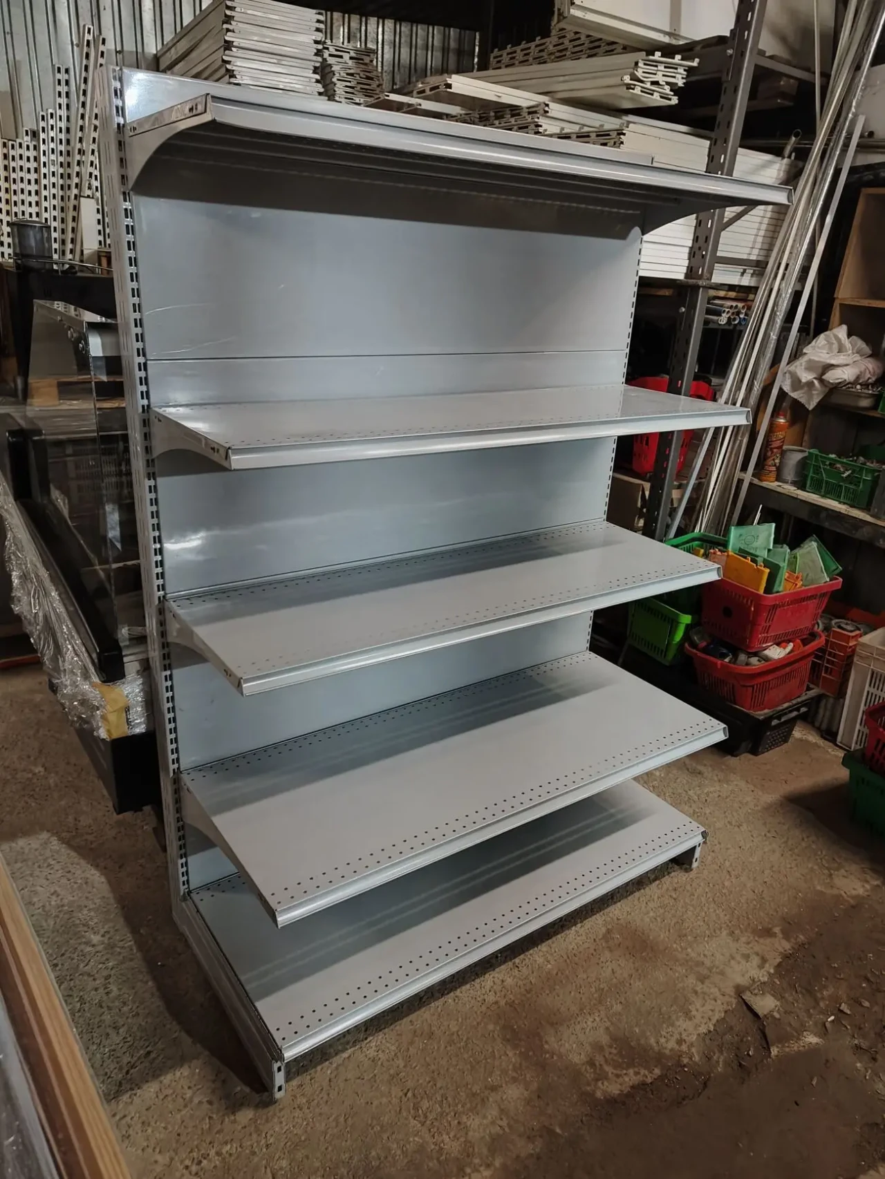 Торгові стелажі Модерн, стелажі металеві сірі, торгові полиці 2