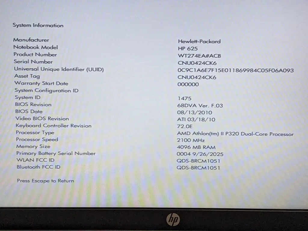 Ноутбук HP 625 AMD Athlon II Dual-Core P320 (2.1 ГГц) 4 ГБ HDD 500 ГБ 8