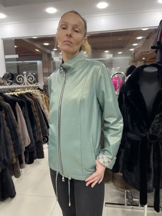 Жіноча шкіряна куртка оливкова,мятна 3