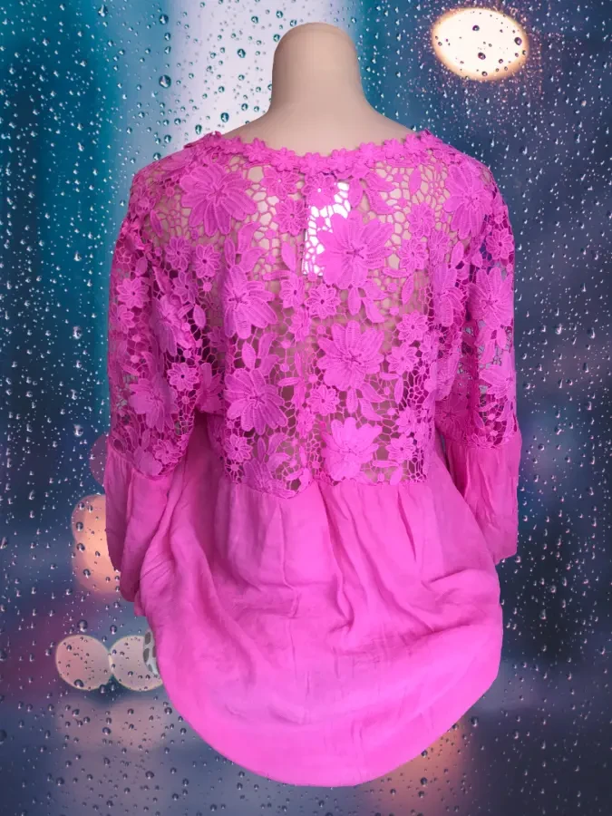 Блуза жіноча ошатна з мереживними вставками колір фуксія 2