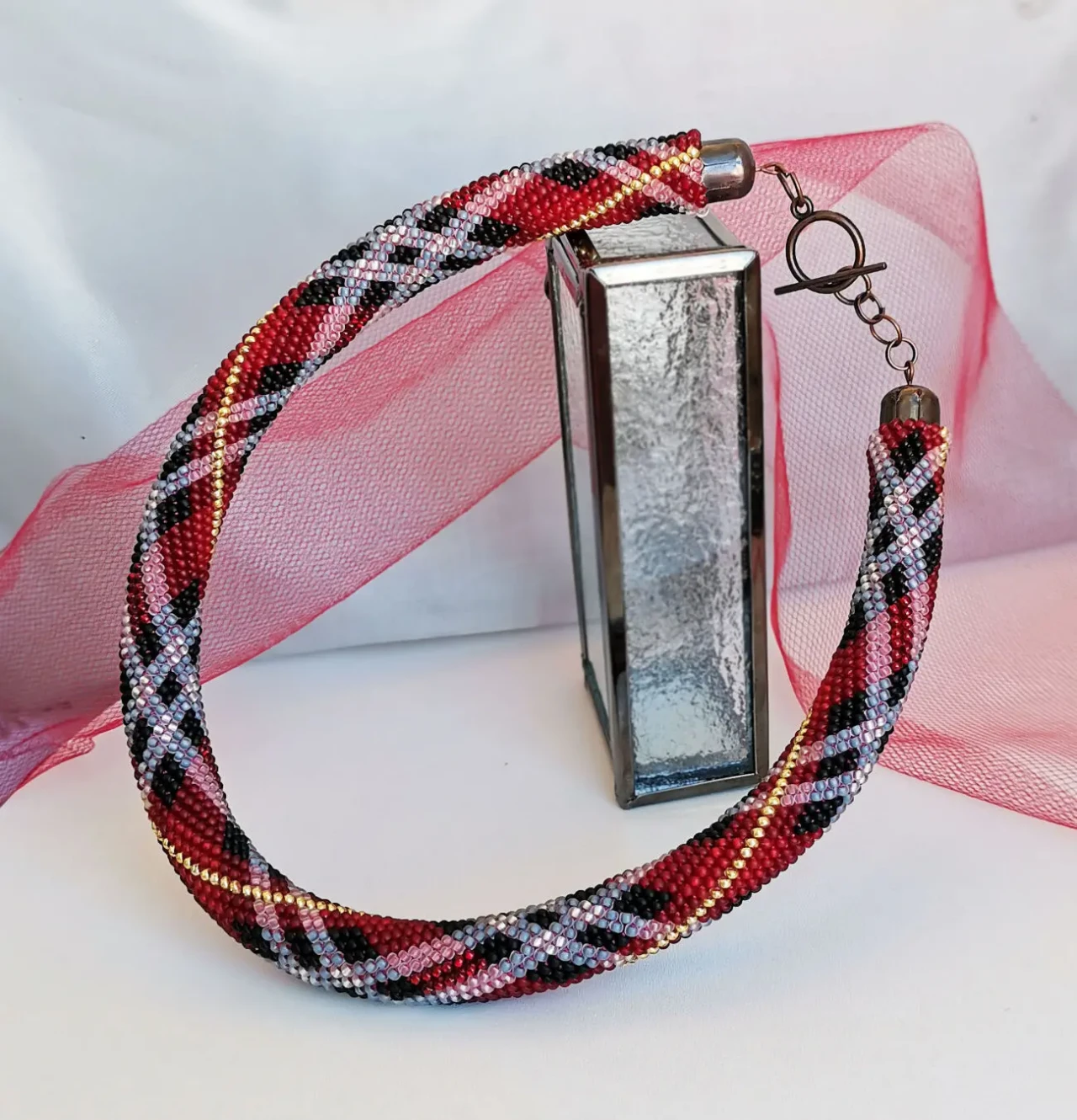 Прикраса із бісеру кольє-джгут Шотландка 8