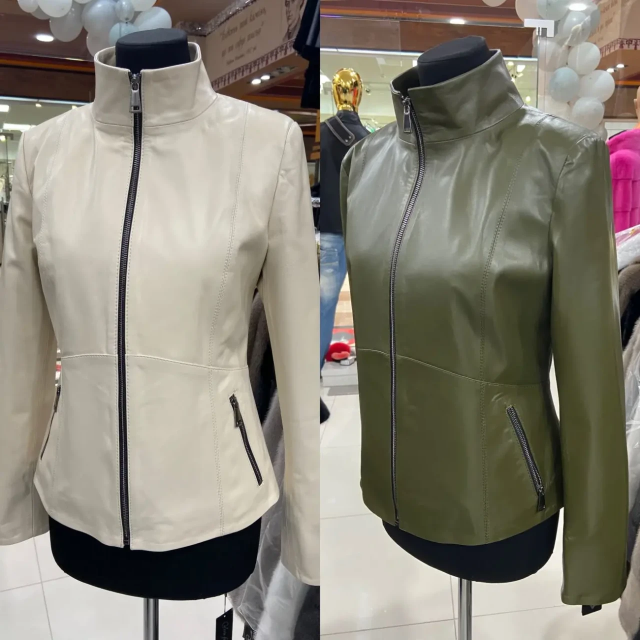 Куртка шкіряна жіноча оливкова,хакі,комір стійка,приталена