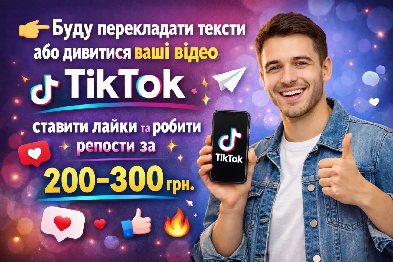 Буду перекладати тексти або дивитися ваші відео в TikTok, і дт 200грн