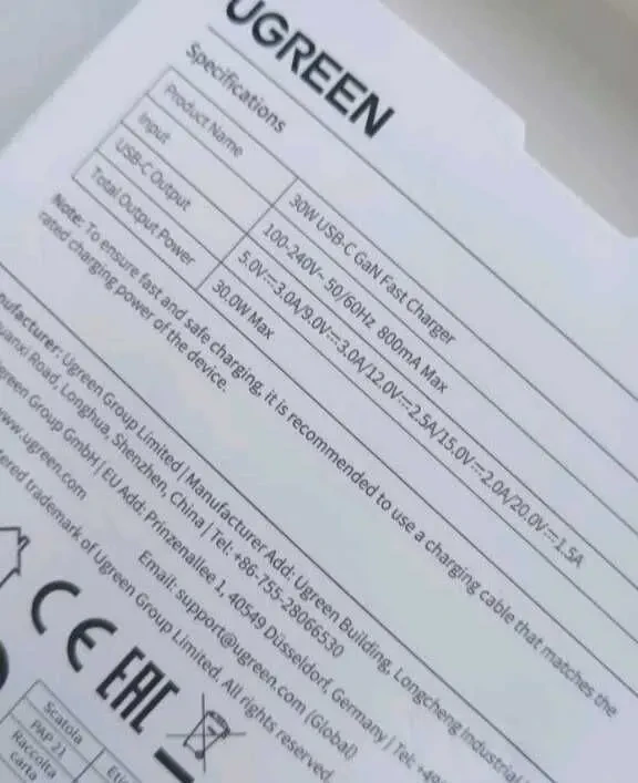 Зарядное устройство ugreen usb-c gan fast charger 30w eu space gray 6