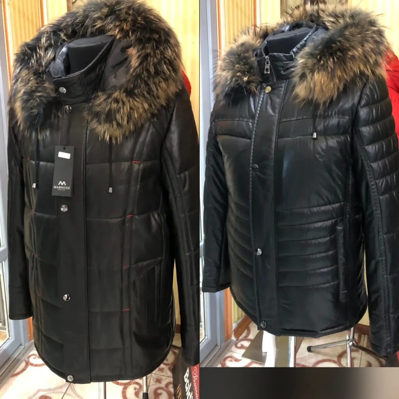 Пуховики шкіряні чоловічі,капюшон з хутром,зйомний