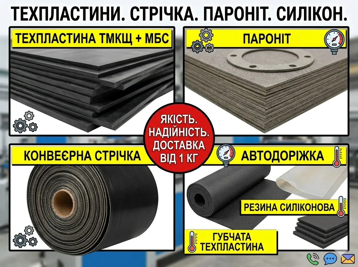 Техпластини (ТМКЩ, МБС), конвеєрна стрічка, пароніт, силікон
