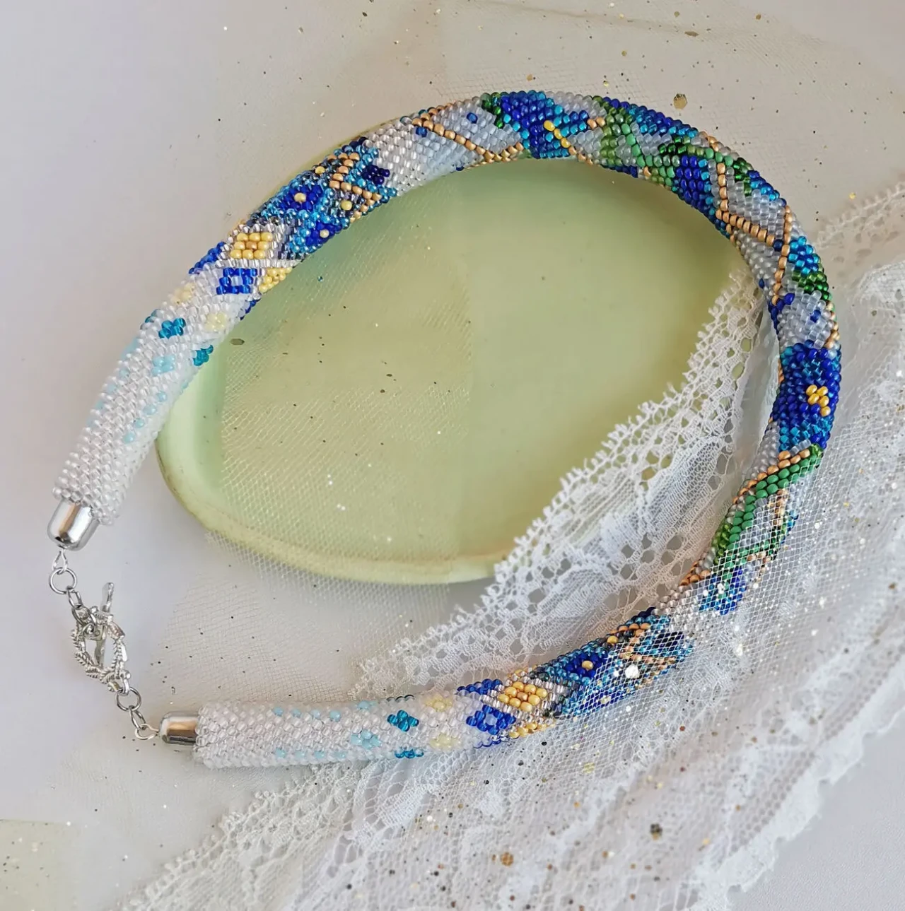 Прикраса із бісеру кольє-джгут Волошковий танок 9