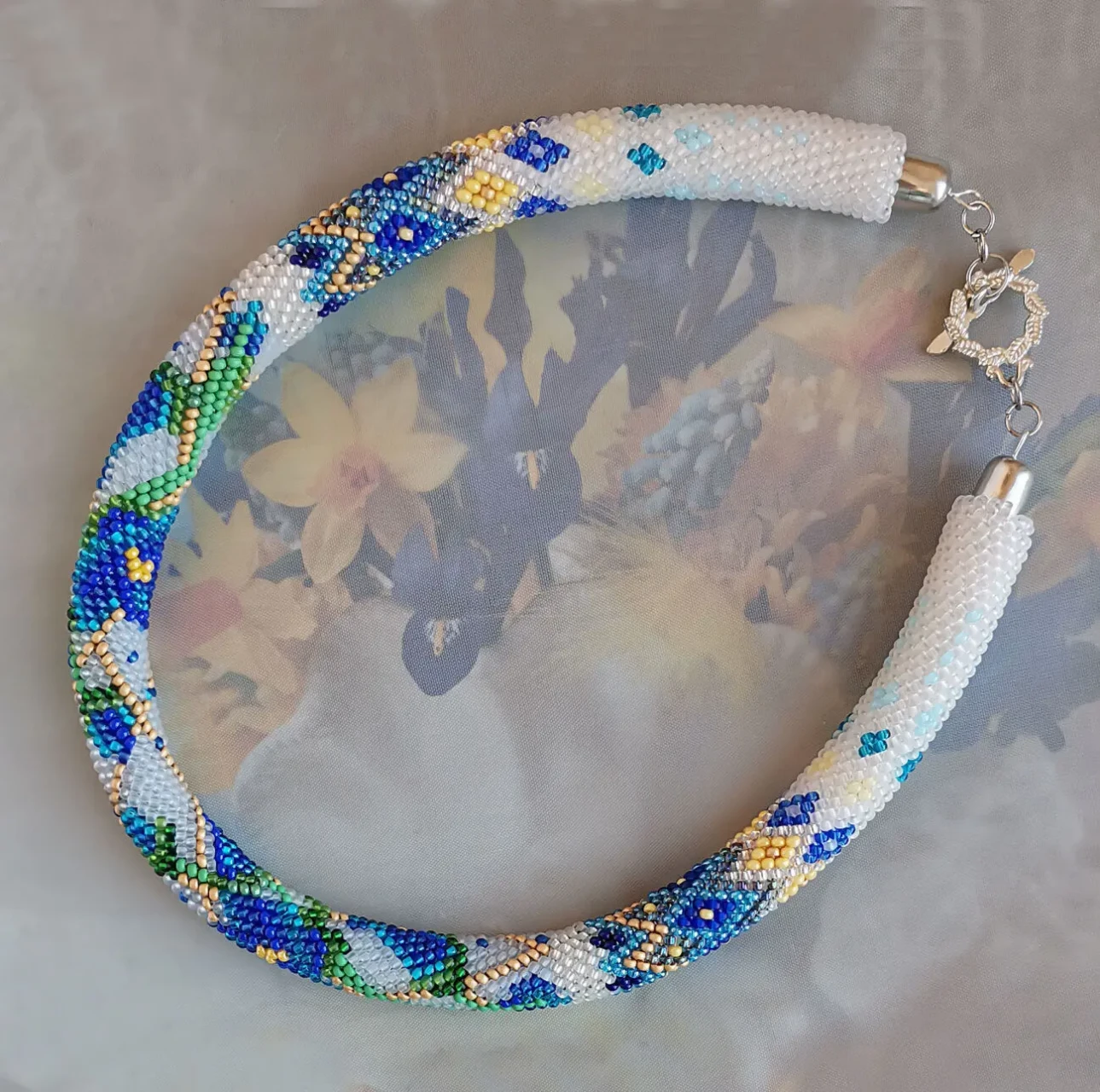 Прикраса із бісеру кольє-джгут Волошковий танок 3
