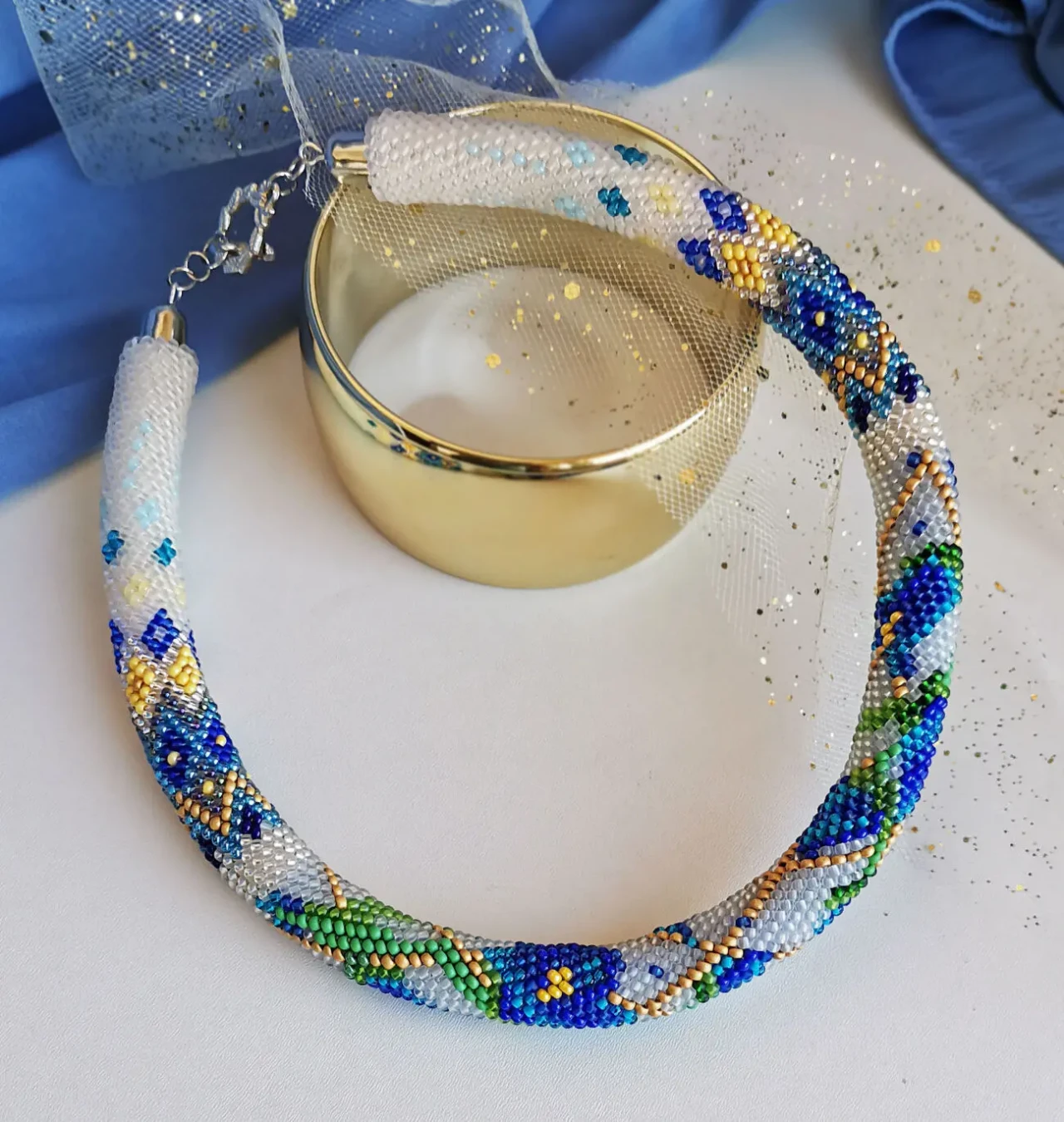 Прикраса із бісеру кольє-джгут Волошковий танок 8