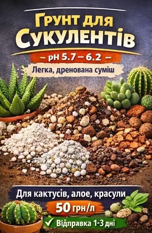 Сьогодні, 21:29Грунт грунт суміш земля субстрат для кактусів сукулент
