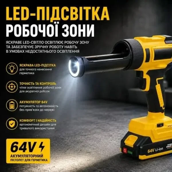 Акумуляторний пістолет для герметика CB-3982, з LED-підсвіткою, 64V 3