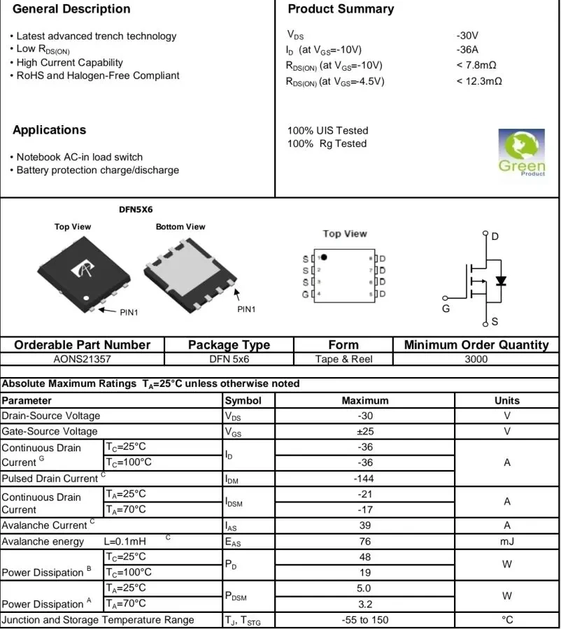 AONR21357 тр-р полевой, P-chanel, микромощный, 30V, 36A 3