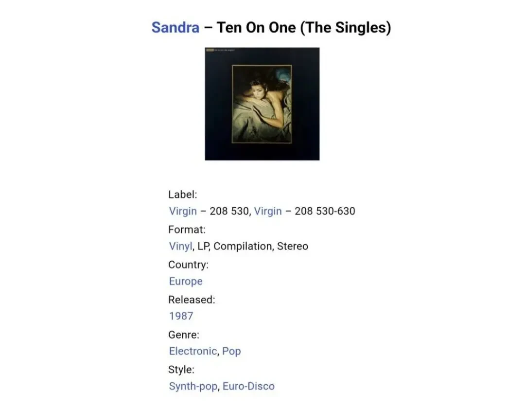 Sandra EX Arabesque - Ten On One. The Singles - 1987. (LP). 12. Vinyl. Пластинка. Germany. 9