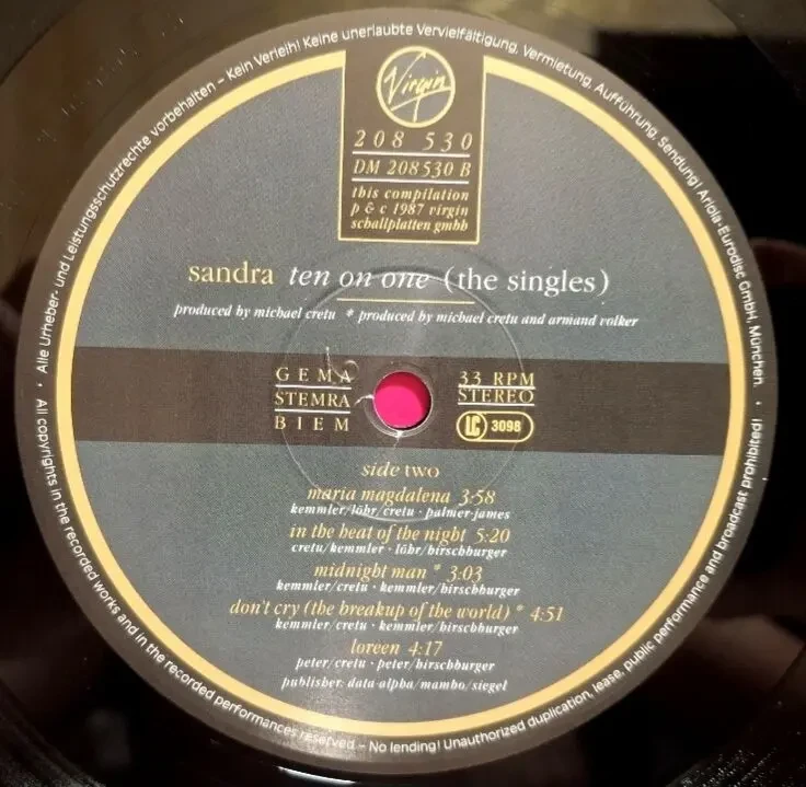 Sandra EX Arabesque - Ten On One. The Singles - 1987. (LP). 12. Vinyl. Пластинка. Germany. 8