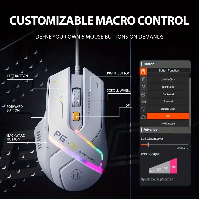 Ігрова миша Inphic Pg1 біла Rgb Usb, Dpi 12800, макропрограмування 3