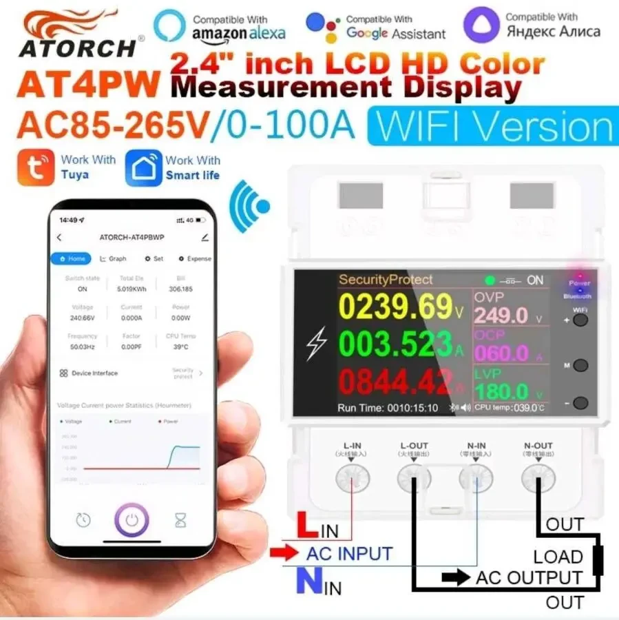 Ваттметр, реле напряжения Atorch 100A Tuya WiFi