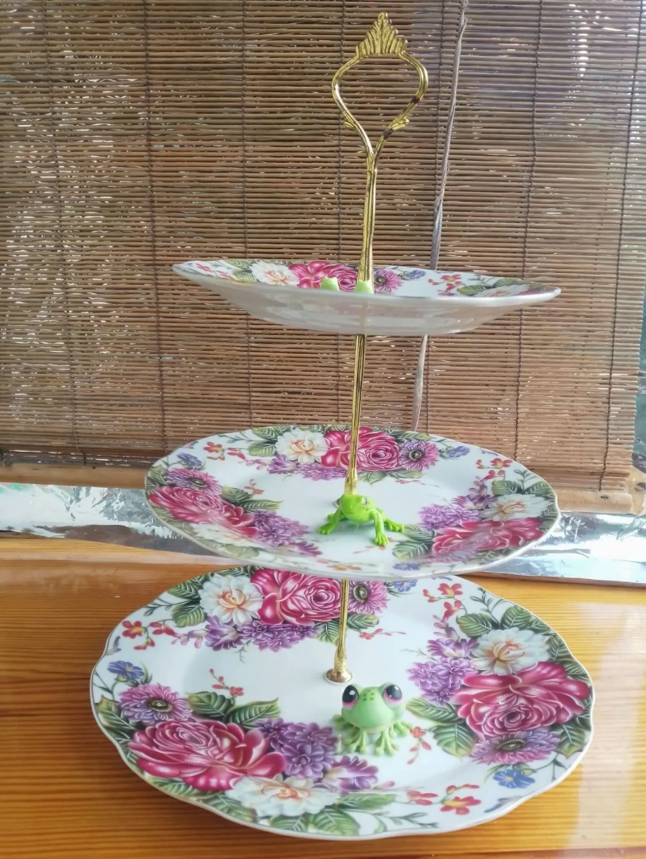 Этажерка фруктовница 3 яруса круглая стекло керамика, цветы рисунок 3