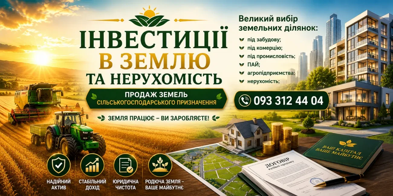 Земля та нерухомість для інвестицій  Продаж • Пошук • Супровід