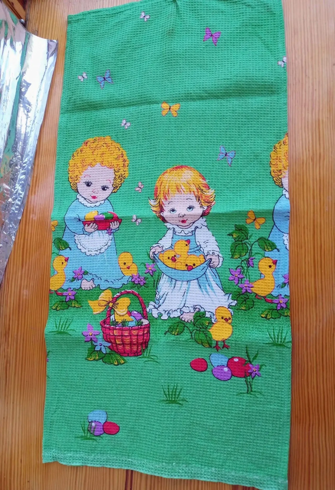 Зеленое Полотенце кухонное картина пасха, дети, цыплята, крашанки, вафельное, хлопок
