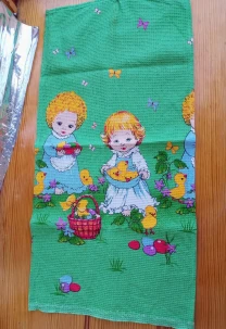 Зеленое Полотенце кухонное картина пасха, дети, цыплята, крашанки, вафельное, хлопок