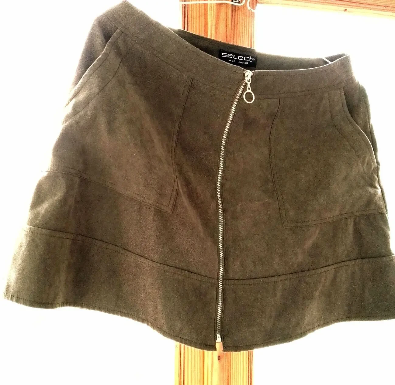 Мини юбка зеленая хаки 10 с м, молния, карманы, трапеция, Select, мягкая 5