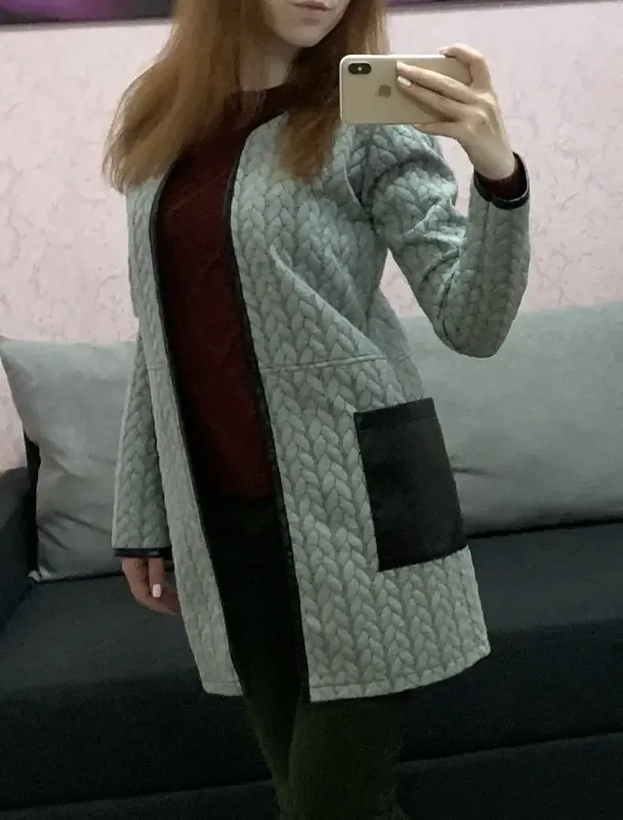 Новый серый кардиган с имитацией крупной вязки и кожаными карманами 2