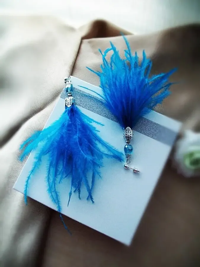 Ретро сережки з страусиним пір'ям синій блакитний фуксія сірий бежевий 4