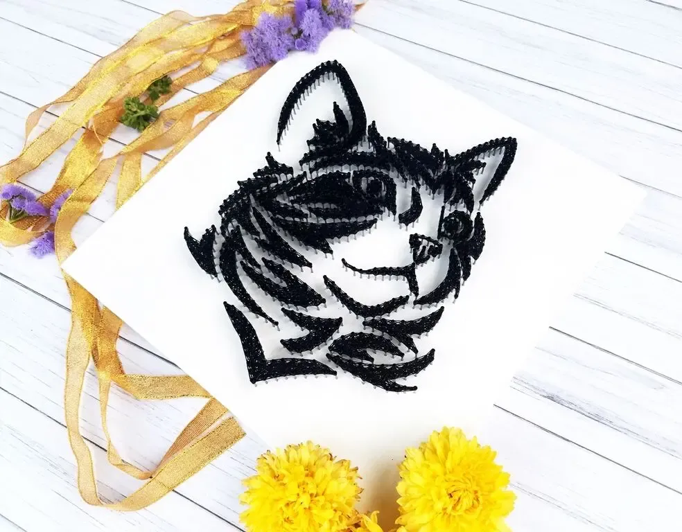 Картина черный кот, стринг арт, черно-белый декор панно, подарок котик 8