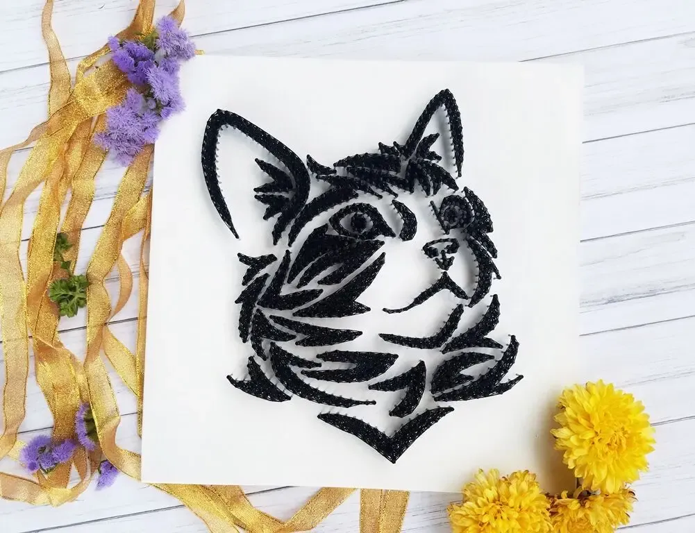 Картина черный кот, стринг арт, черно-белый декор панно, подарок котик 4