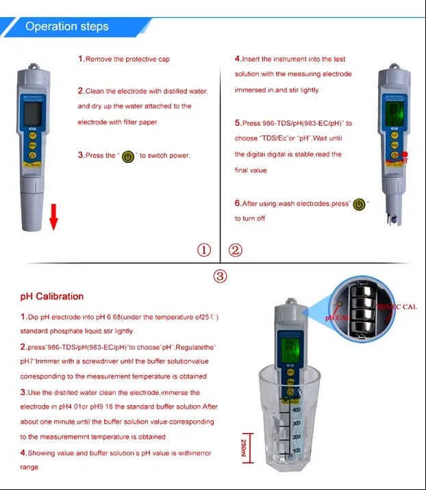 Тестер качества воды. TDS/РН/TEMP метр PH/TDS-986 5