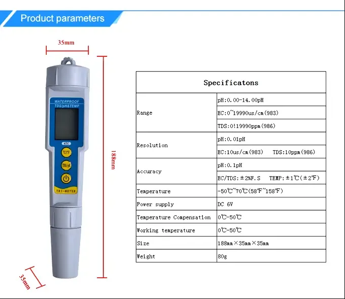 Тестер качества воды. TDS/РН/TEMP метр PH/TDS-986 2