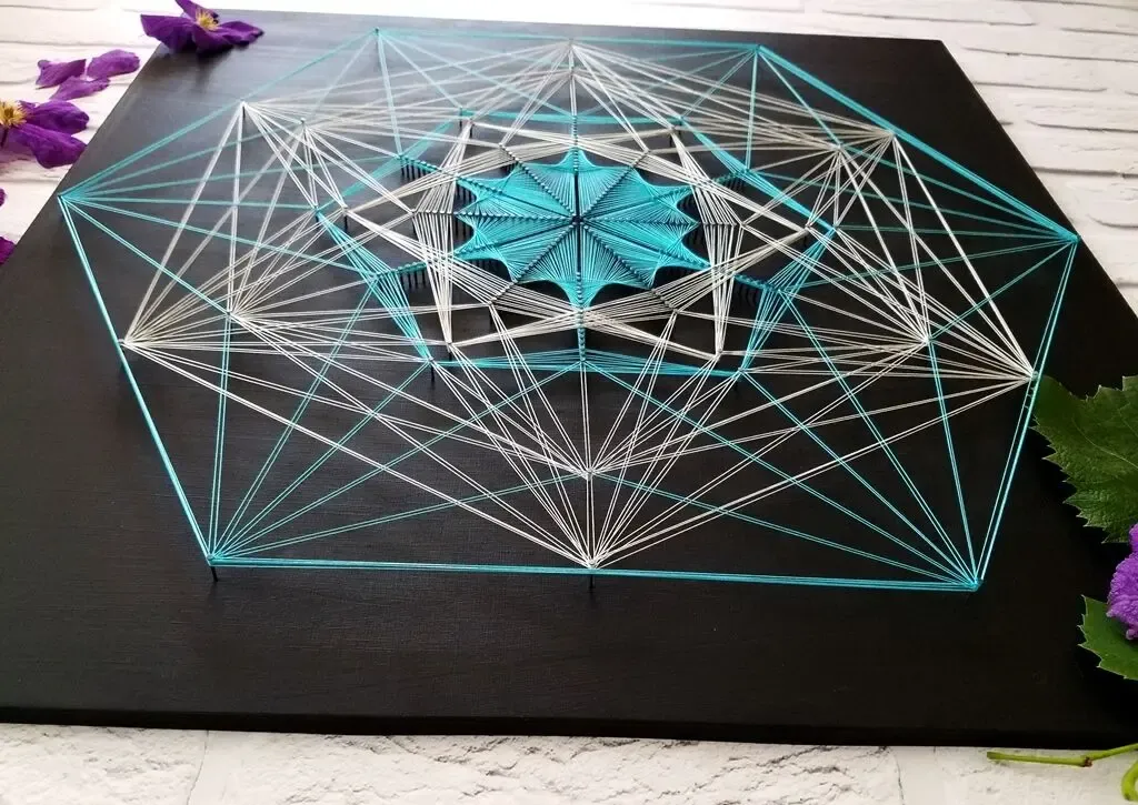 Стринг арт Кристалл, сакральная геометрия, черный декор, бирюза панно 7