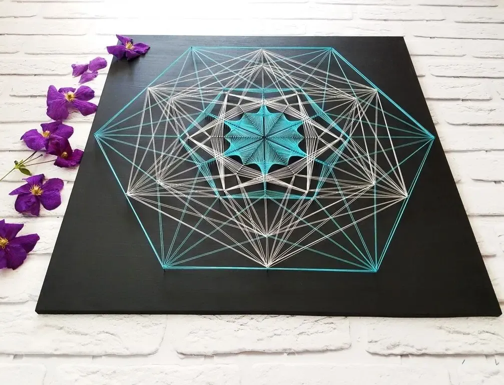 Стринг арт Кристалл, сакральная геометрия, черный декор, бирюза панно 3