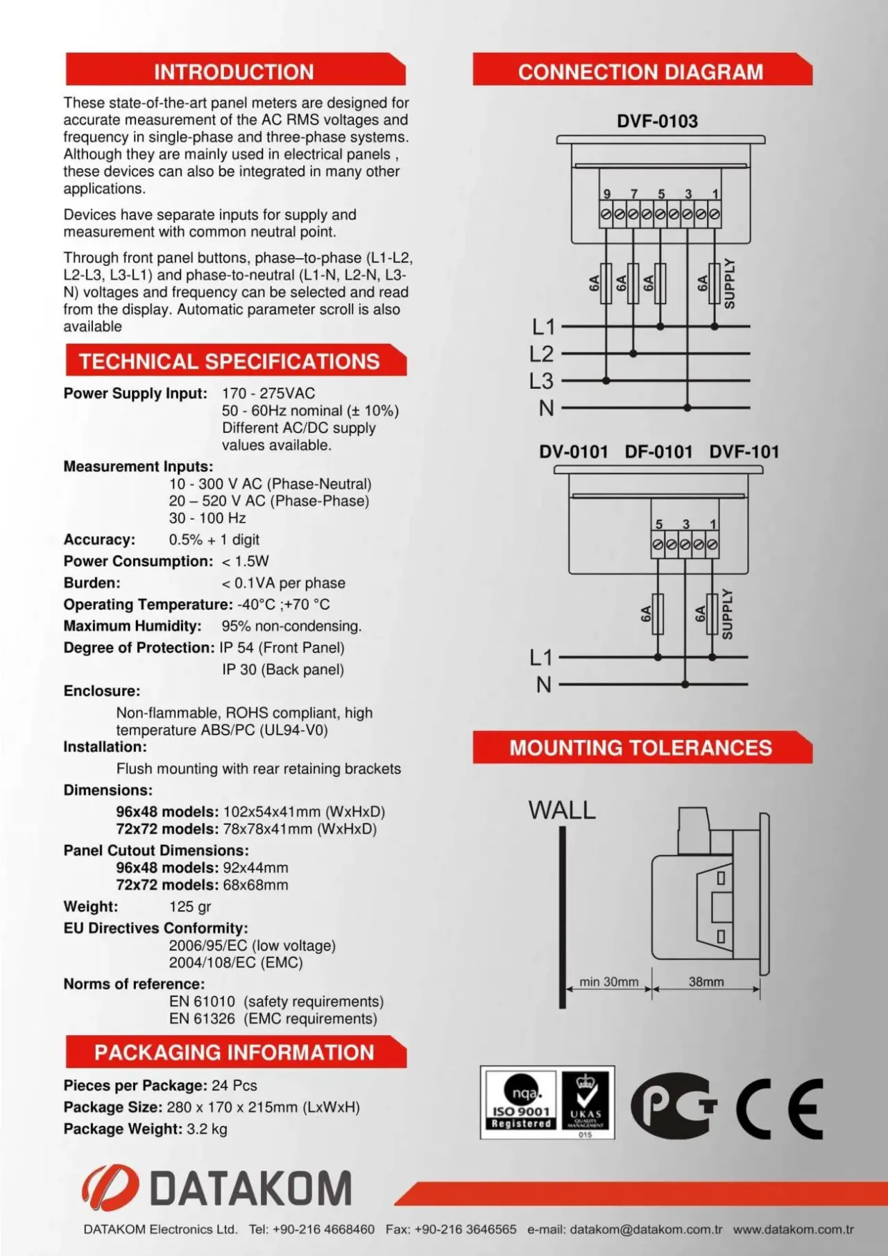 DATAKOM DVF-0103 Вольтметр-частотомір, 3 фази, 72x72мм 4
