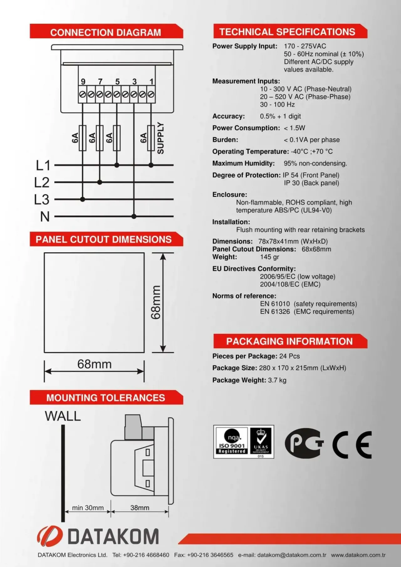 DATAKOM DVF-0303 Вольтметр-частотомір, 3 фази, 72x72mm, 3 дисплея 4