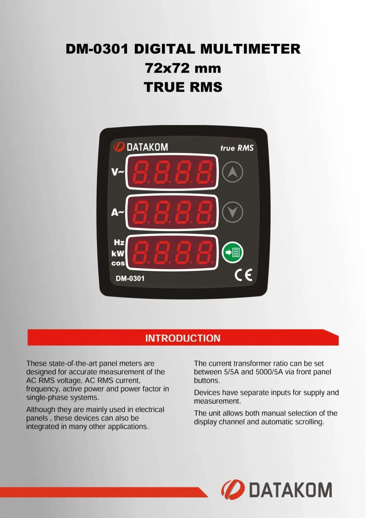 DATAKOM DM-0301 Мультиметр, 170-275V, 1 фаза, 72x72mm, 3 дисплея 3