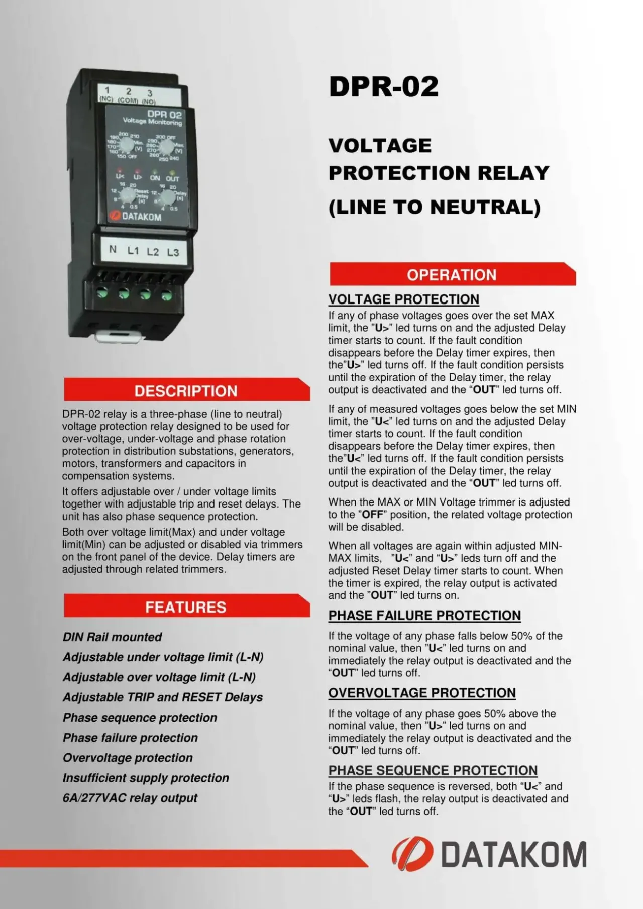 DATAKOM DPR-02 Контролер захисту по напрузі, 150-300В (Фаза-Нейтраль) 3
