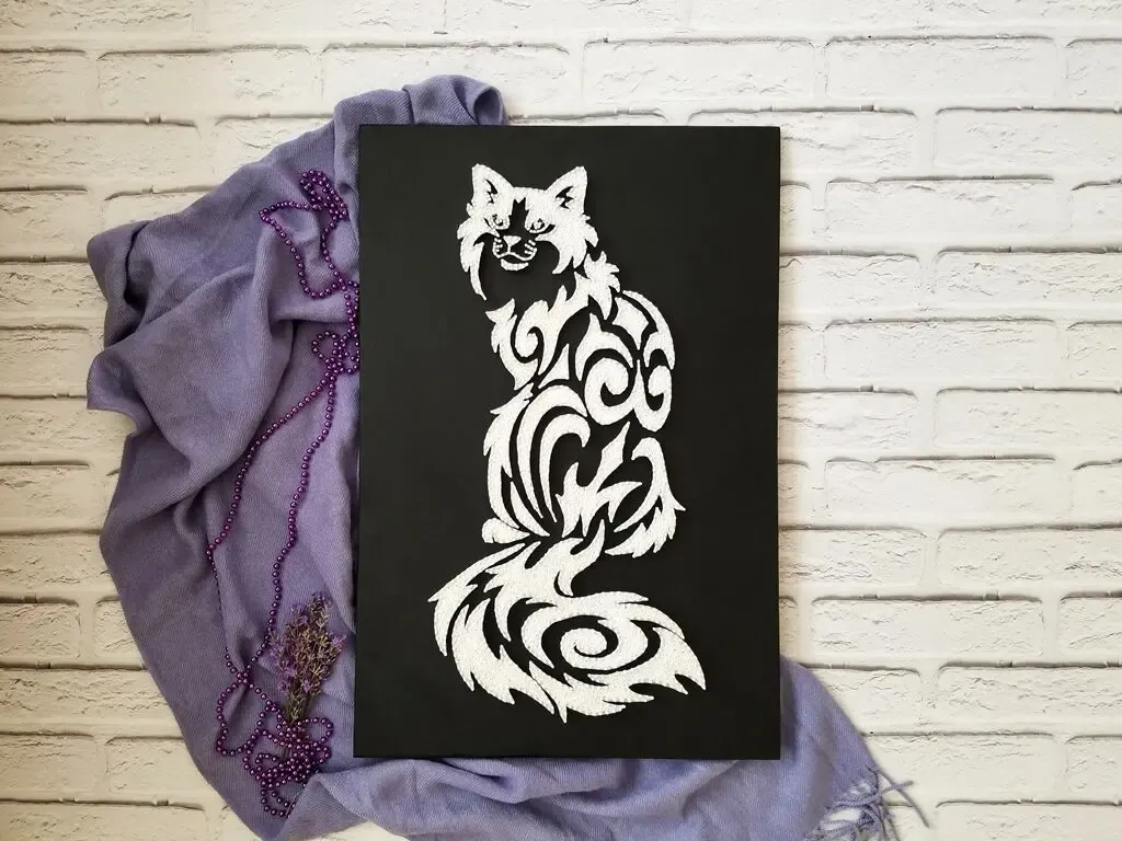 Картина Белый Кот, Стринг Арт кот, Декор в дом, Черно белое панно 9